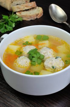 Easy chicken soup with meatballs and potatoes