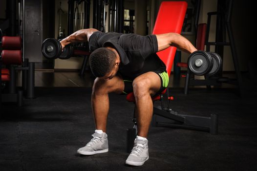 handsome young african descent mixed race man doing Seated Bent Over Dumbbell Reverse Fly workout in gym