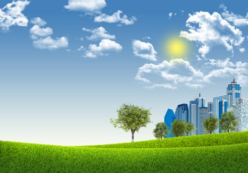 Cityscape on nature background with green grass and trees