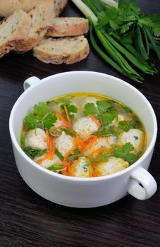 Easy chicken soup with meatballs, green onions and parsley