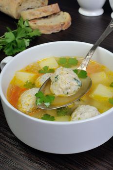 Easy chicken soup with meatballs and potatoes