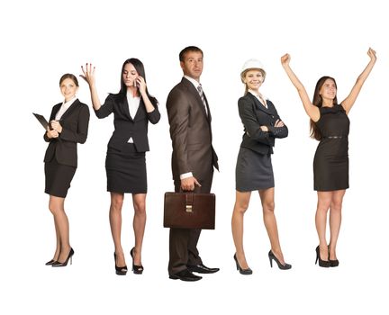 Group of business people with businessman leader profile on foreground in isolated white background