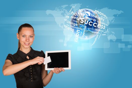 Smiling young woman holging tablet and blank card with 3d Earth model with words around and looking at camera on abstract blue background. Elements of this image furnished by NASA