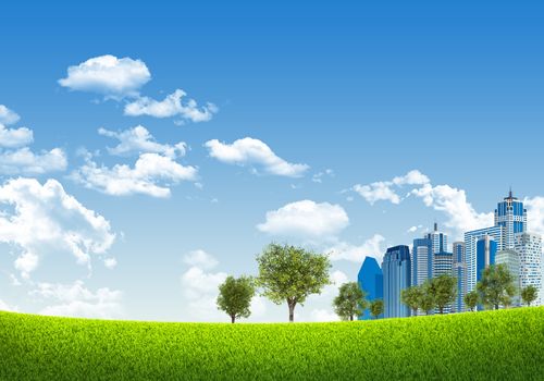 Business center on nature background with green grass and trees