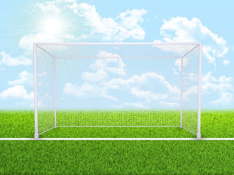 Green nature field with gates and indexing under blue sky. Nature background