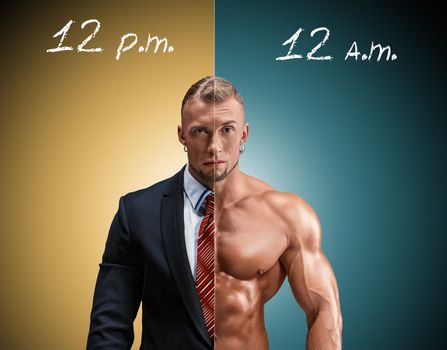 Attractive man in a business suit and without it on a brown-blue background. concept of beauty and strength, and the contrast between day and night image of an angel and a devil