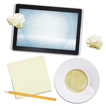 Black tablet and cup with coffee, crumpled paper on isolated white background, top view. Closed up