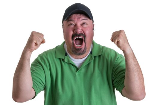 Excited Overweight Man Wearing Green Shirt and Black Baseball Cap Celebrating, Pumping Fists and Cheering in Studio with White Background
