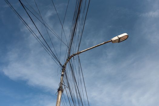 Street Light against the blue sky  in Albanian city Shkodra