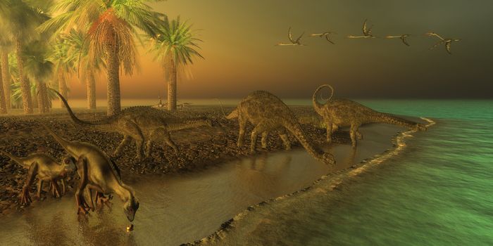 Three Uberabatitan dinosaurs share a Cretaceous seashore with two Hypsilophodon dinosaurs coming down for a drink and a flock of Quetzalcoatlus birds.