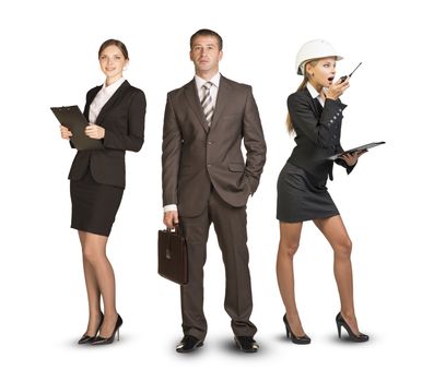 Young attractive business people with women talking on radio set, looking at camera on isolated white background