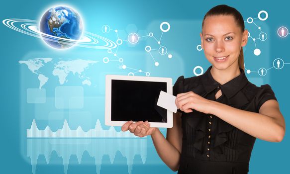 Smiling young woman holging tablet and blank card with 3d Earth model with graphical charts and looking at camera on abstract blue background. Elements of this image furnished by NASA