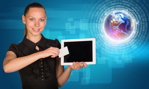 Smiling young woman holging tablet and blank card with 3d Earth model with numbers around and looking at camera on abstract blue background. Elements of this image furnished by NASA