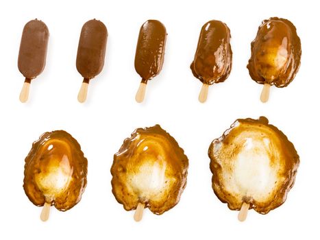 Photo of a vanilla ice cream stick covered in chocolate in an eight stage melting progression. Clipping paths for each stage included.