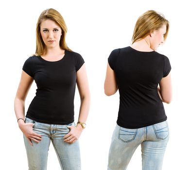 Young beautiful sexy woman with blank black shirt, front and back. Ready for your design or artwork.