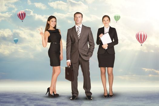 Young attractive business people with women holding blank folder, looking at camera on abstract background
