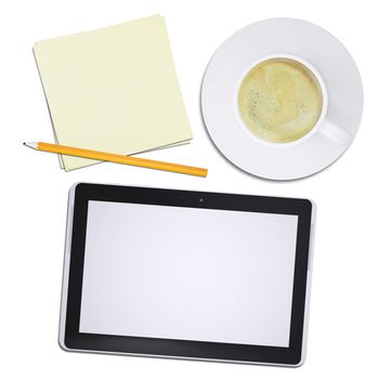 Black tablet and cup with coffee on isolated white background, top view. Closed up
