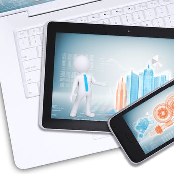 Tablet and mobile on laptop with engineering drawings on isolated white background, top view