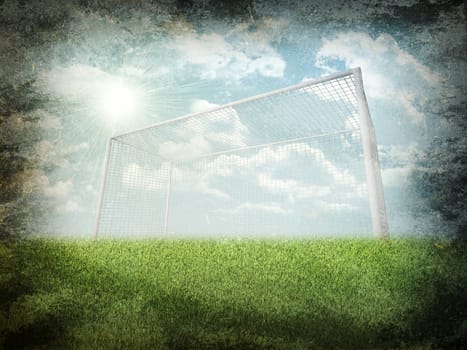 Green nature field with gates under grey sky. Nature background