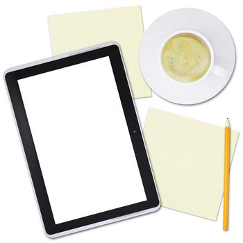 Black tablet and cup of coffee on plate on isolated white background, top view. Closed up