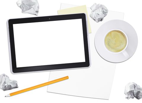Black tablet with coffee and crumpled paper on isolated white background, top view. Closed up