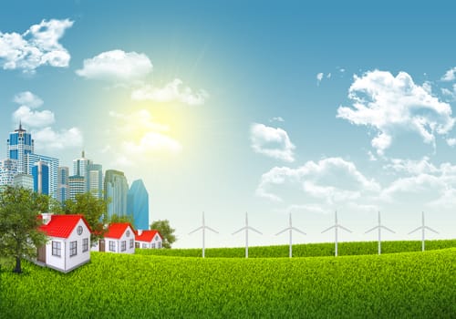 Cityscape with wind power station on nature background 