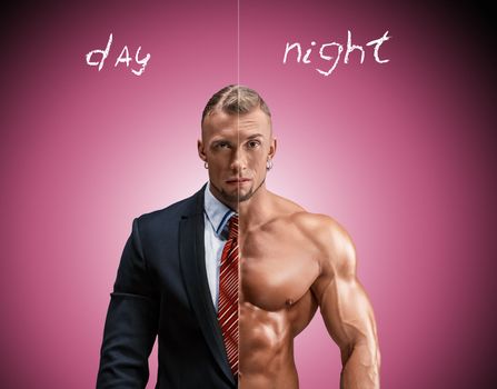 Attractive man in a business suit and without it on a blue-pink background. concept of beauty and strength, and the contrast between day and night image of an angel and a devil