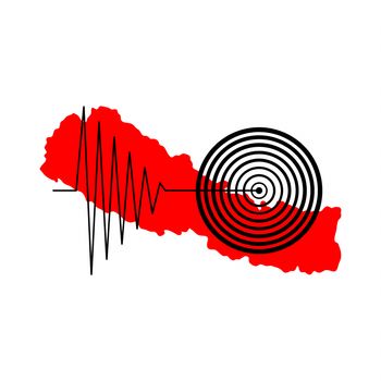 Red map of Nepal with a tremore illustration over it.