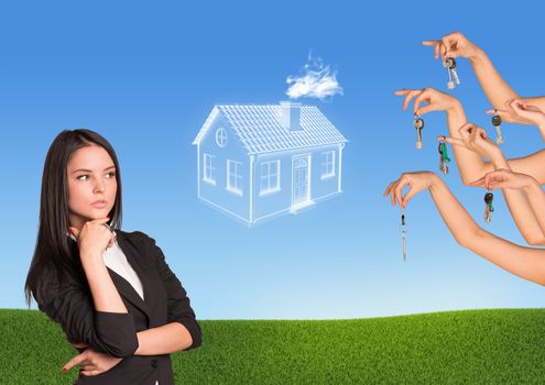 Business woman with brooding eyes, abstract house with several hands offering keys. Nature background