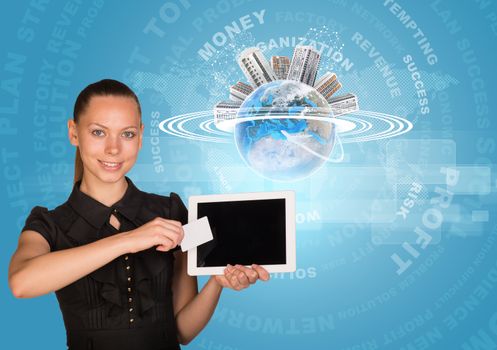 Smiling young woman holging tablet and blank card with 3d Earth model with words, city and circles around and looking at camera on abstract blue background. Elements of this image furnished by NASA