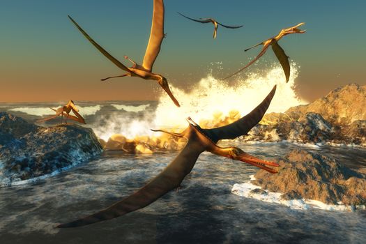 A flock of Anhanguera flying dinosaur reptiles catch fish off a rocky coast in prehistoric times.