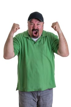Overweight Man Wearing Green Shirt and Black Baseball Cap Celebrating, Pumping Fists in Studio with White Background
