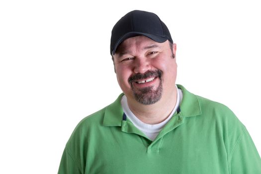 Portrait of Overweight Man Wearing Green Shirt and Black Baseball Cap Smiling in front of White Background, Head and Shoulders Portrait of Joyful Man