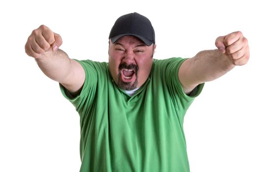 Happy Portrait of a Bearded Adult Man, in Casual Green Shirt with Cap, Screaming Out While Raising his Arms After his Team Wins. Isolated on White