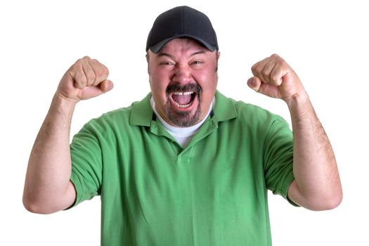 Close up Aggressive Bearded Middle Aged Man in Casual Green Polo Shirt and Black Cap, Yelling Out Loud with Fists Raised. Isolated on White Background.