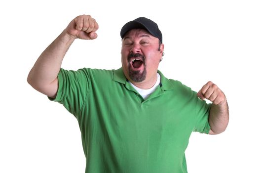 Winning Adult Man Raising his Arm for Victory, Emphasizing Feeling So Good Expression. Isolated on White Background.