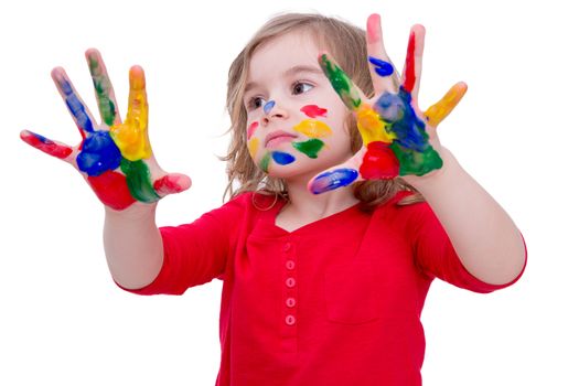 Close up Cute Little Blond Girl Showing her Two Hands with Colorful Paints, Isolated on White Background.