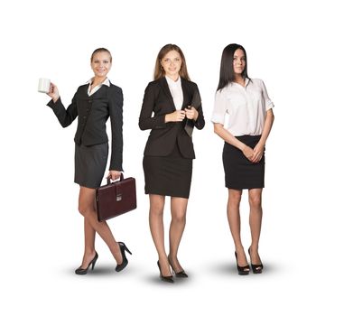 Group of smiling businesswomen looking at camera on isolated white background