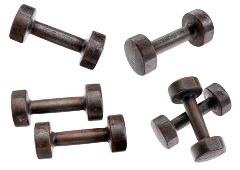 old  rusty dumbbells isolated on white with clipping paths - a collage of four pictures