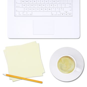 White laptop, note paper with pencil,  and coffee cup on isolated white background, top view. Closed up