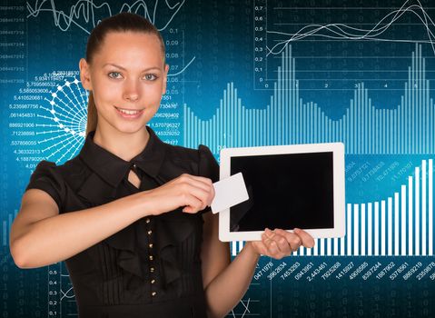 Young woman holging tablet and blank card and looking at camera on abstract graphical chart background