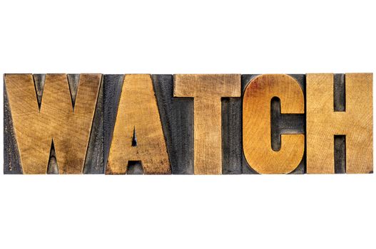 watch word typography - isolated text in letterpress wood type blocks