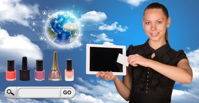 Smiling young woman holging tablet and blank card, search field with 3d Earth model with numbers around and looking at camera on abstract blue background. Elements of this image furnished by NASA