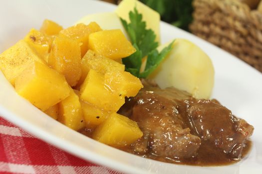 Venison goulash with turnips and cooked potatoes