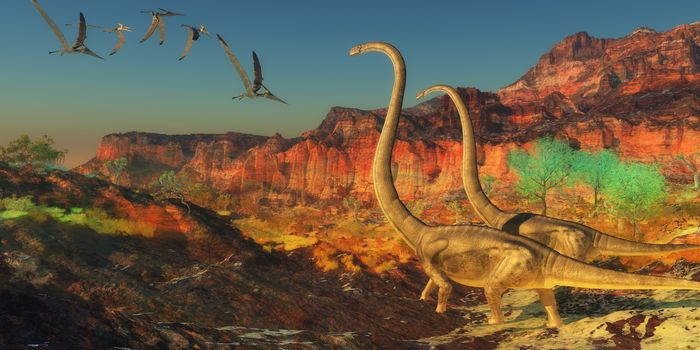 A flock of Pterosaurs fly past two Omeisaurus dinosaurs during the Jurassic Era.