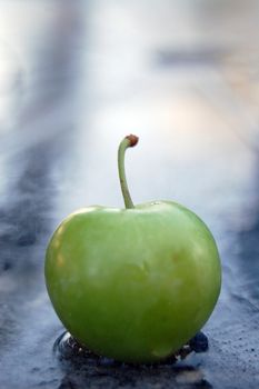 Picture of a Green Plum on a wet surface