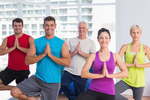 Portrait of happy men and women practicing tree pose in fitness studio