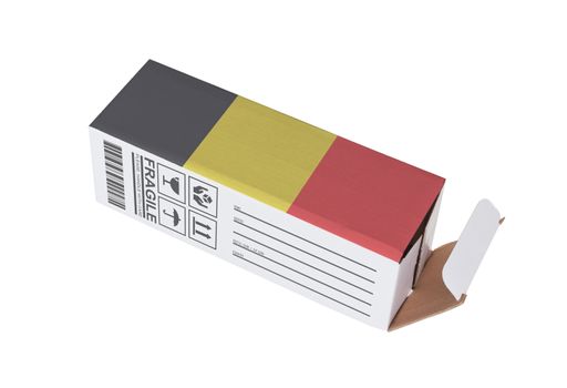Concept of export, opened paper box - Product of Belgium