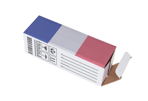 Concept of export, opened paper box - Product of France