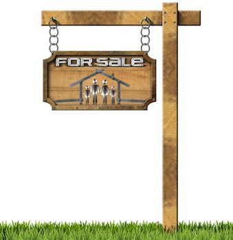 Wooden sign with metallic meter ruler in the shape of house with symbol of a family and text for sale. Real estate sign hanging from a chain and isolated on white with green grass